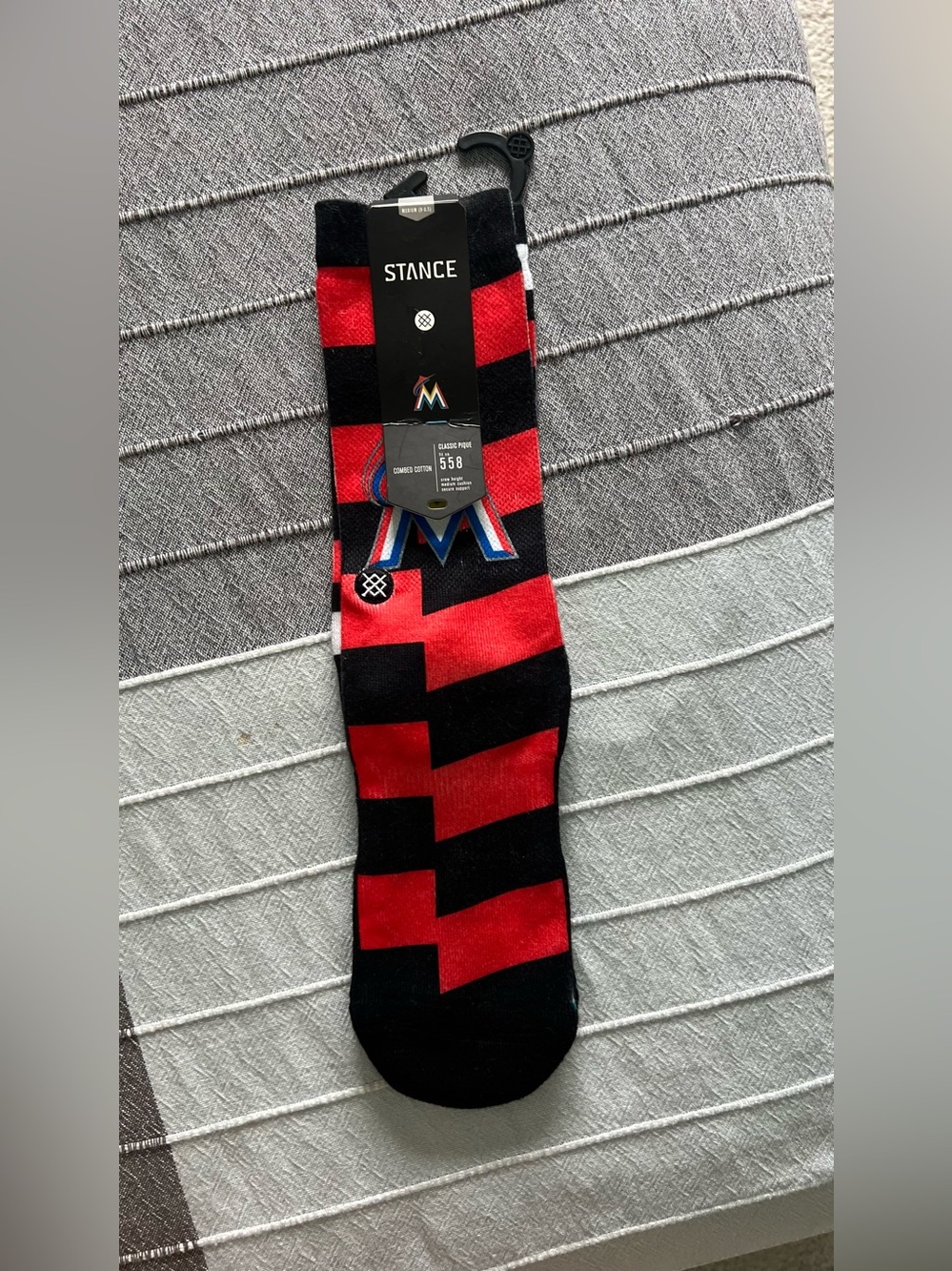 Stance Red & Black Geometric Crew Socks with Miami Marlins Logo, medium